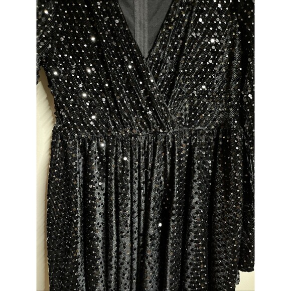 Blue B Collection Large Black Surplice Neck Fit & Flare Sequin Dress High Low - Picture 6 of 8